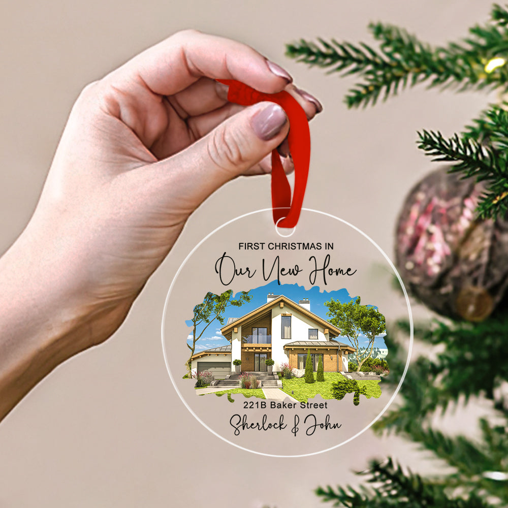 Personalized house ornament with photo, watercolor house portrait, and red ribbon
