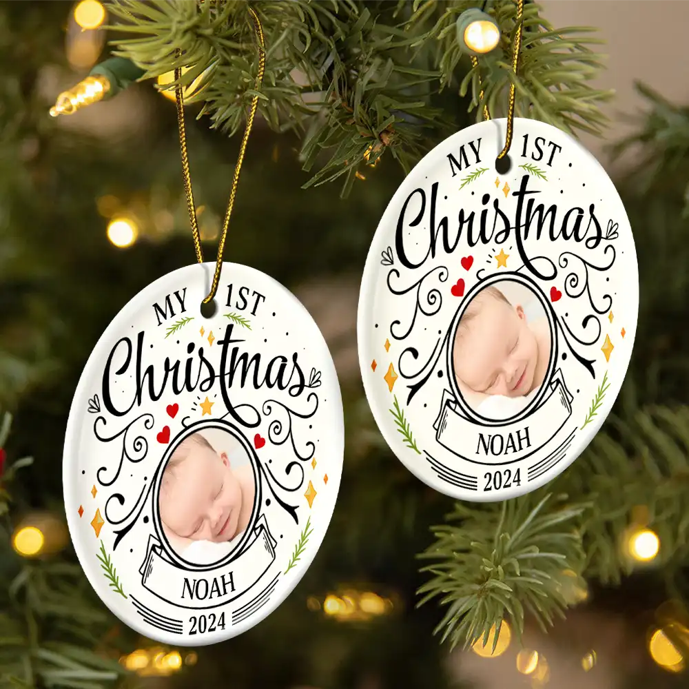 Personalized Baby's First Christmas Ornament with custom photo, name, and year, circle ceramic.