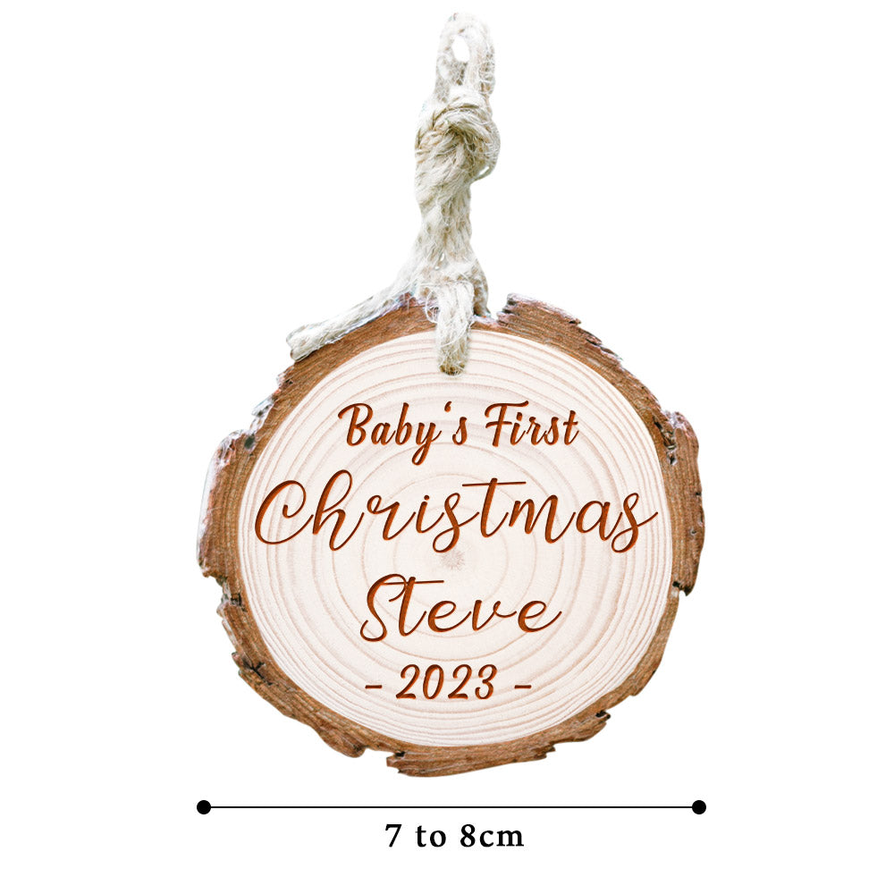 Personalized Baby's First Christmas Ornament - Teo 2022, wooden tree slice design