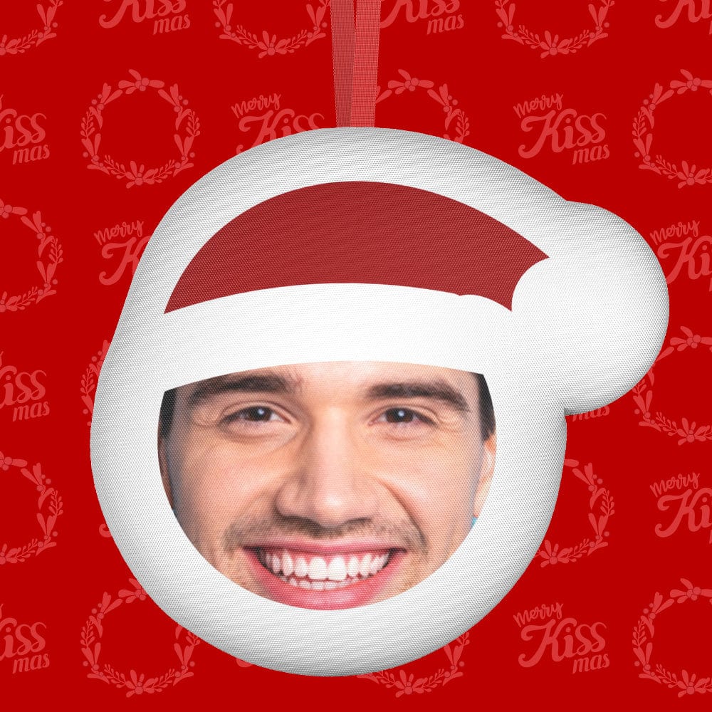 Custom Christmas ornament featuring a face inside a Santa hat. Made of polyester, perfect Christmas gift.