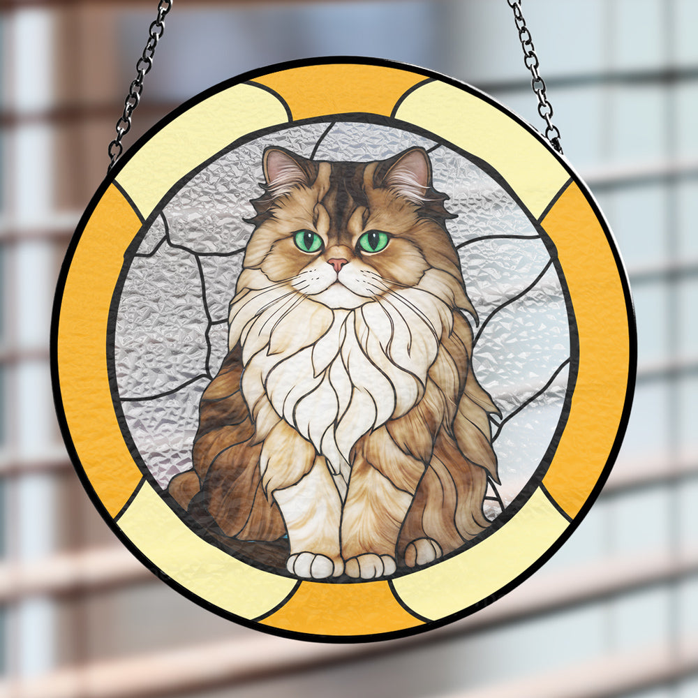 Custom cat portrait suncatcher, stained glass design, orange and yellow border, perfect for any window decor.