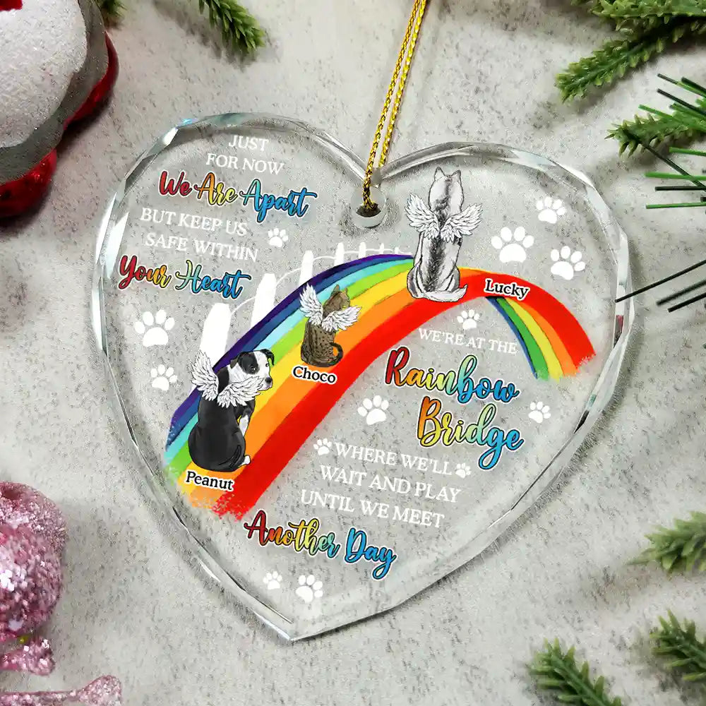 Personalized pet memorial ornament with rainbow bridge design, clear glass heart, text: 'We'll wait and play.'