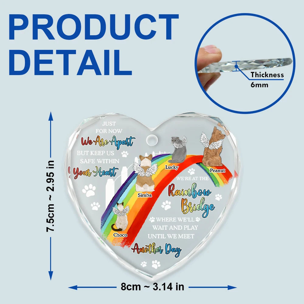 Personalized pet memorial ornament, heart-shaped glass, Rainbow Bridge design, 'We'll Wait and Play' text.