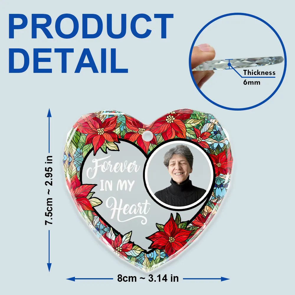 Personalized glass heart ornament with floral design and photo, 'Forever in Our Hearts' message, product details.